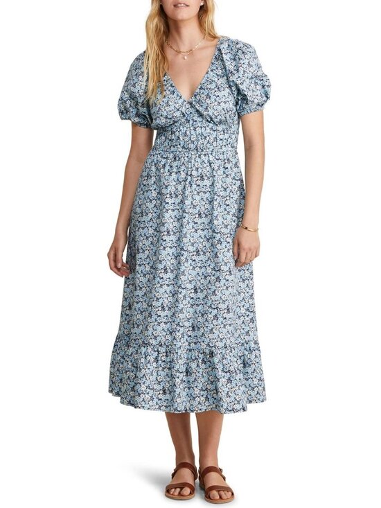 Vineyard Vines Dresses & Skirts - Vineyard Vines Blue Floral Dress L Cotton Puff Sleeves Midi w POCKETS
